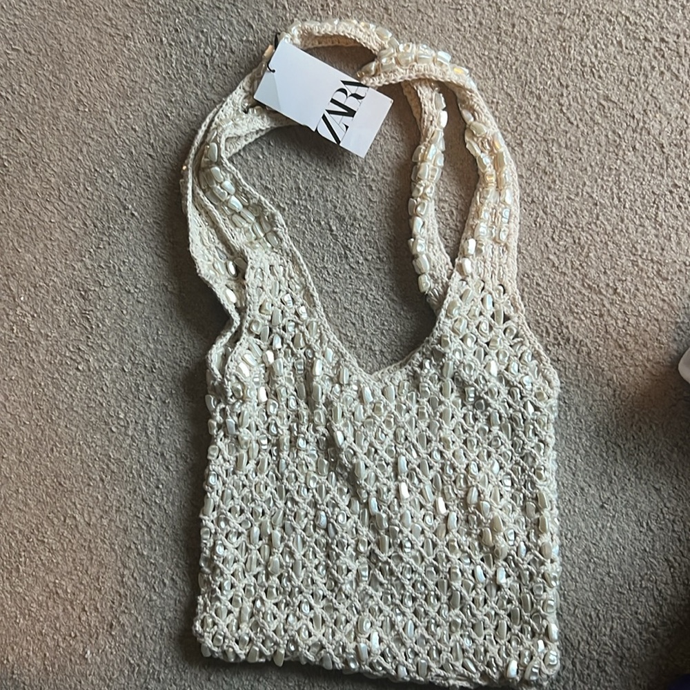 NWT ZARA Macramé Beaded Pearl Tote Bag